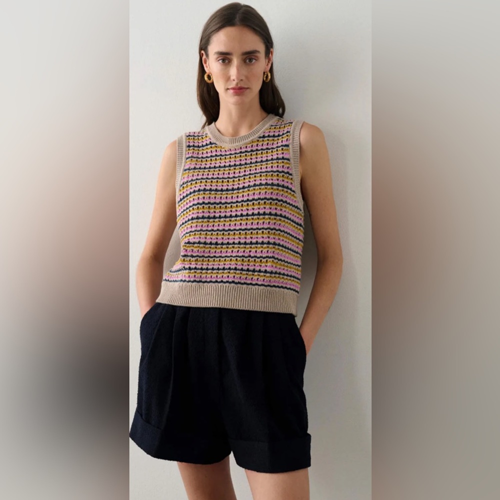 White + Warren Small Cotton Linen Blend Open Knit Striped Tank NWT, Multicolor